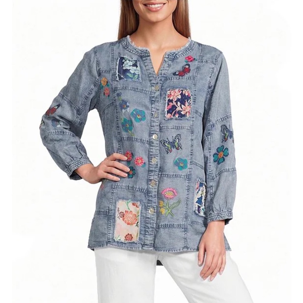 John Mark Embroidered Patchwork Split V-Neck 3/4 Sleeve Button-Front Blouse
